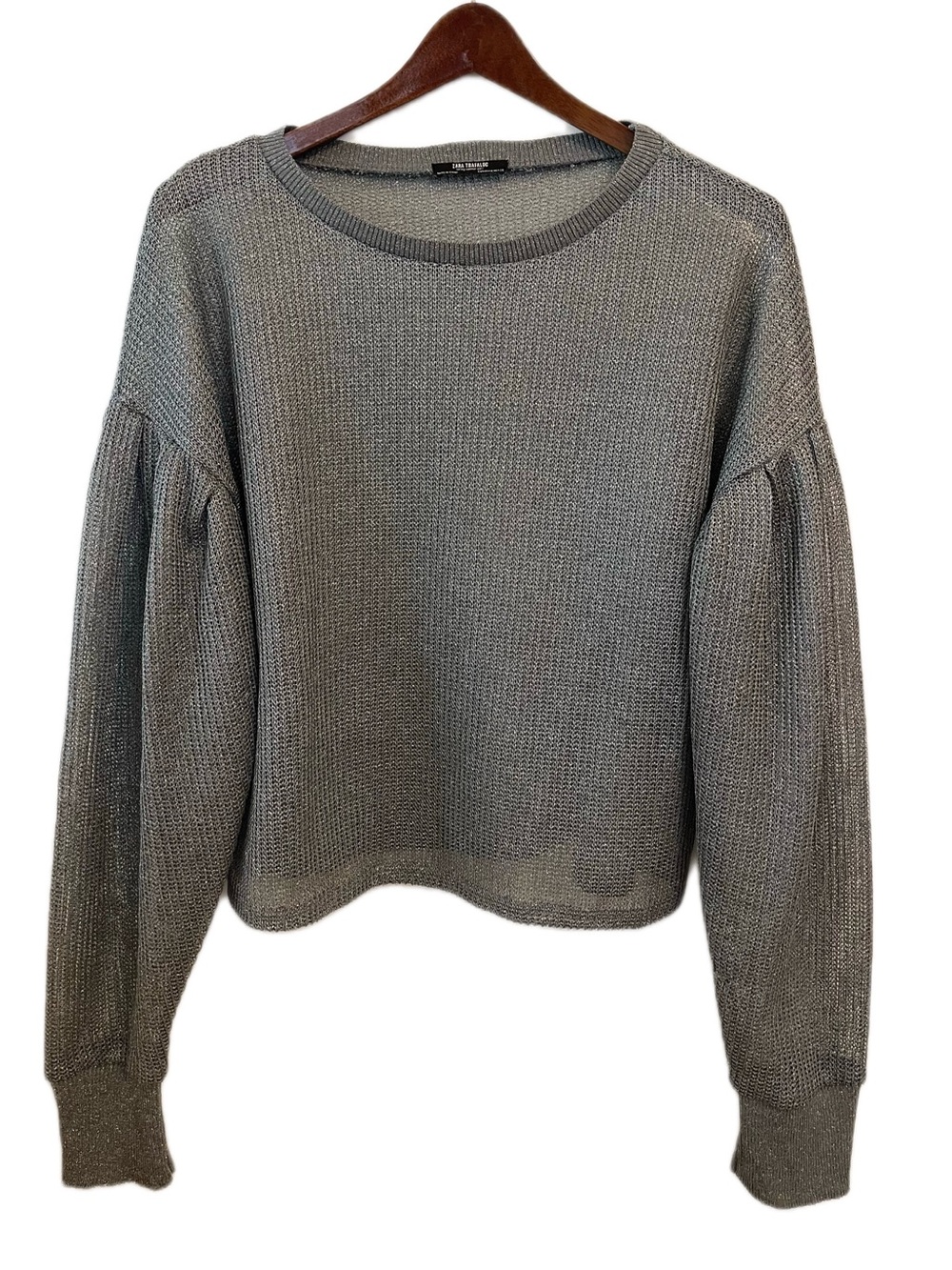 Zara Trafaluc Sweater Medium Gray Silver Metallic Knit Puff Sleeve Crewneck